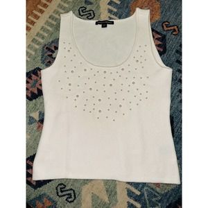 Boston Proper Pearl Embellished Stretch Sweater Tank Off White Size Small NWOT